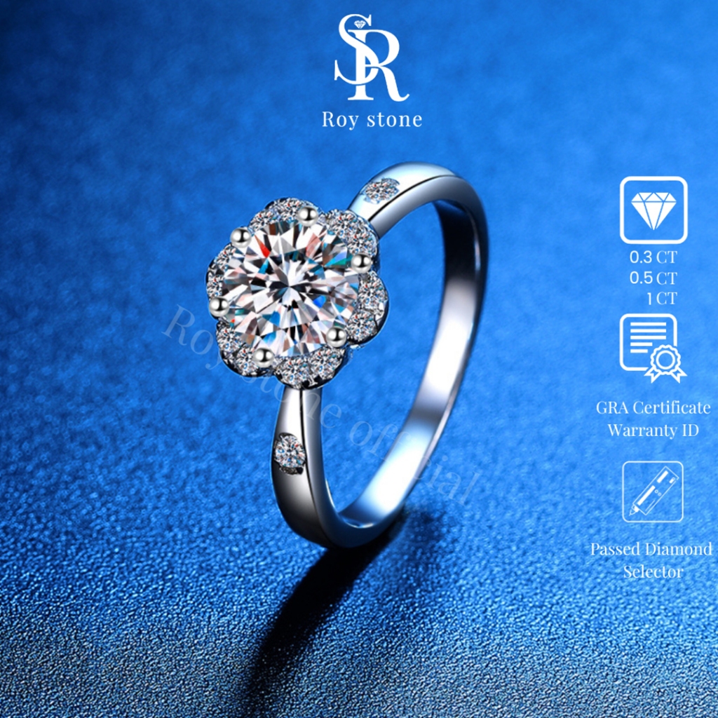 RoyStone - Cincin Wanita Moissanite Sertifikat GRA Original Lapis Emas - Daisy Ring