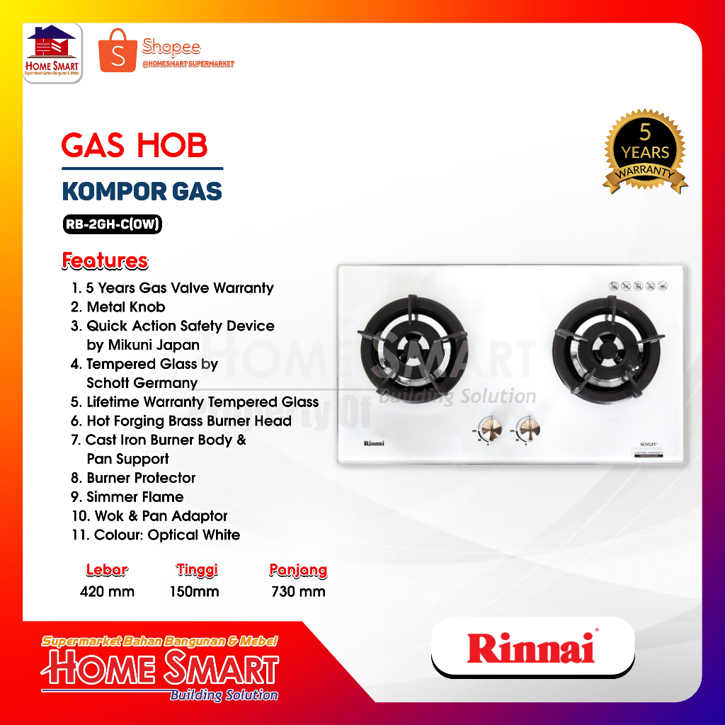 Kompor Tanam 2 Tungku Rinnai RB-2GH-C (OW)