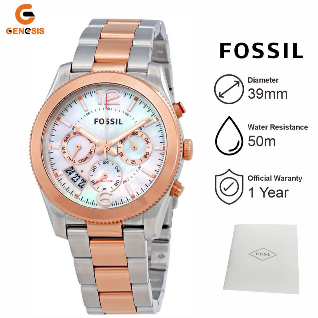 Jam Tangan Wanita Fossil ES4135 Perfect Boyfriend Mother Of Pearl Dial Ladies Two Tone