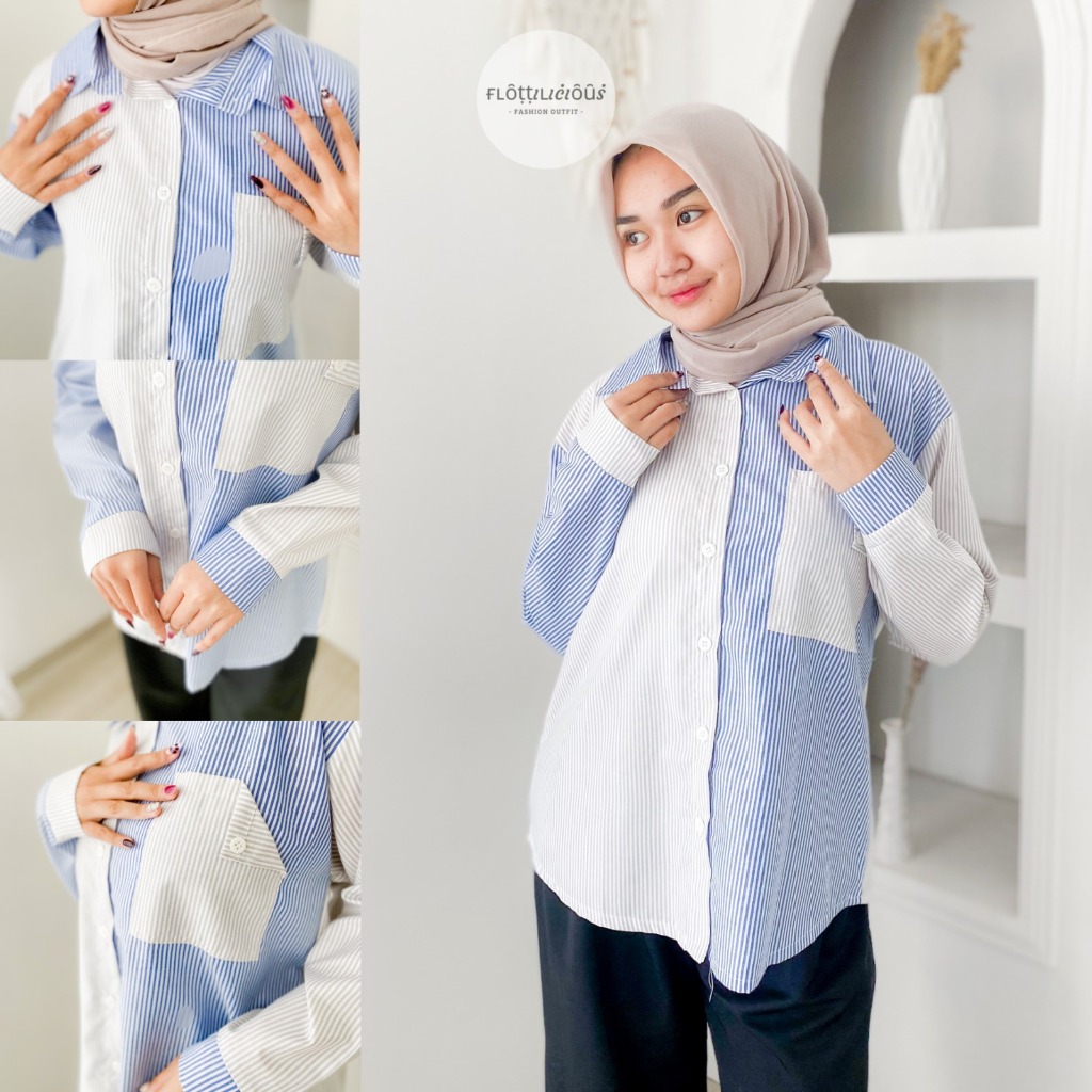 LEILA SHIRT - FLOTTILICIOUS / Kemeja Wanita Salur Stripe Pocket Kancing / Atasan Hijab Kantor / Fash