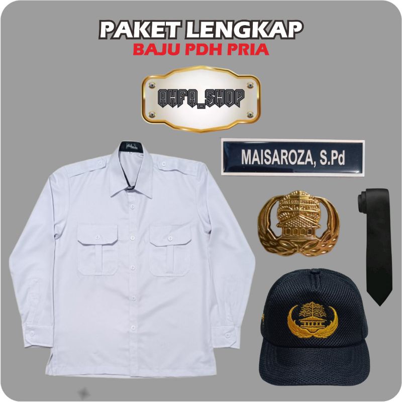 Paket Lengkap Baju PDH Putih Pria / paket Latsar Lencana Korpri (Baju PDH, Nametag, Pin korpri,