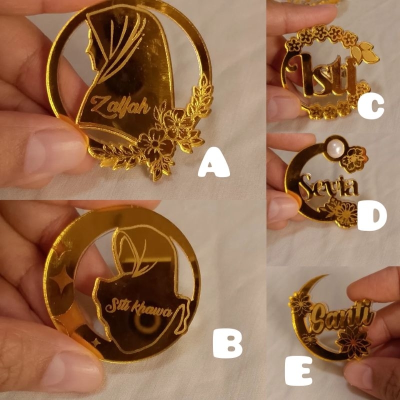 Bros custome/pin hijab/name tag custome bahan akrilik mirror