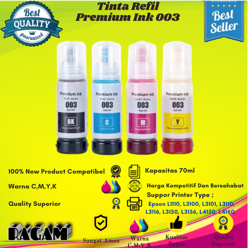 Tinta Refill Epson 003 Ink 1Set For Printer Epson L1110 L3210 L3110 L3210 L5190 L5290