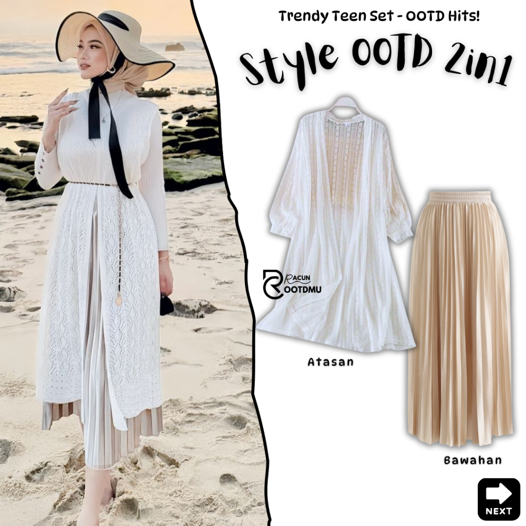 FREE ONGKIR OOTD ONE SET PANTAI VIRAL LONG OUTER CARDIGAN, ROK PLISKET PREMIUM, TOPI PANTAI DEWASA