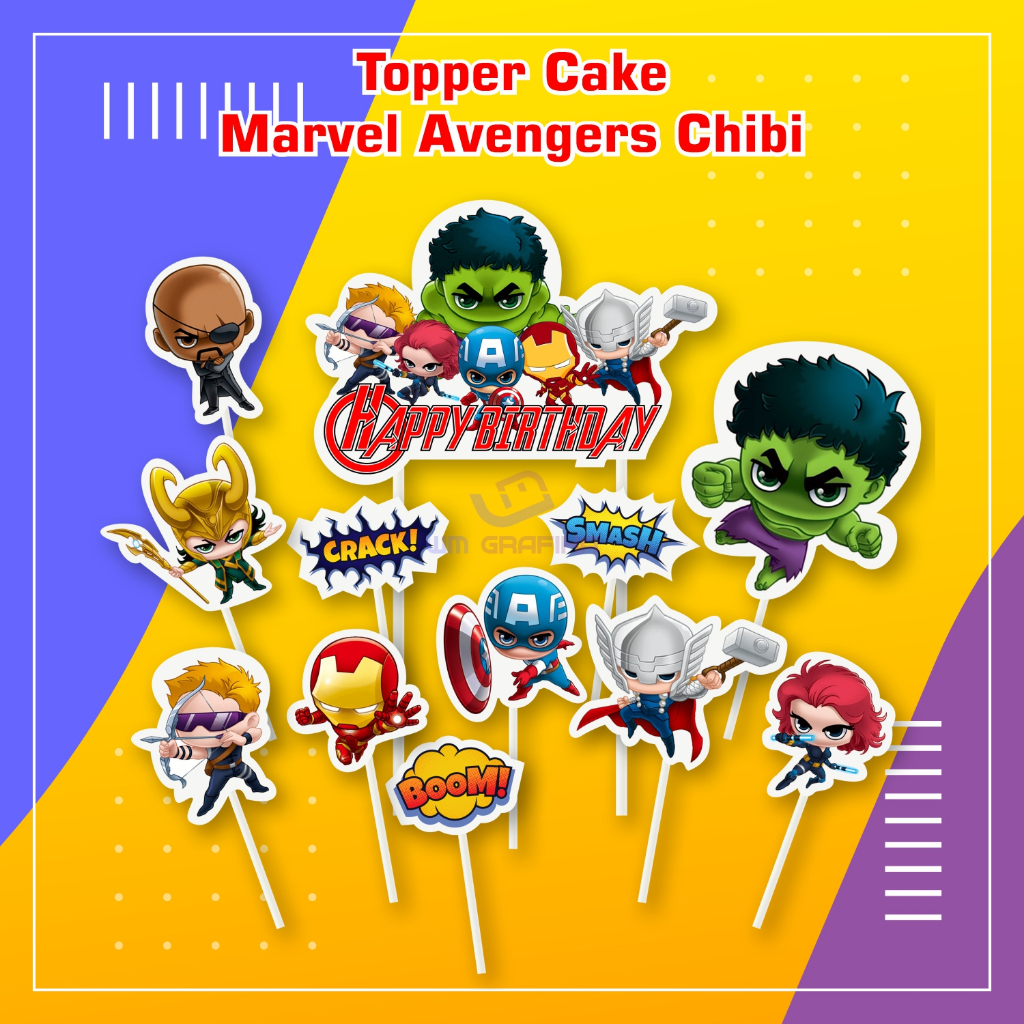 Topper Cake 1 Set Karakter Marvel Avengers Chibi Happy Birthday Hiasan Kue Ulang Tahun Ultah Custom 