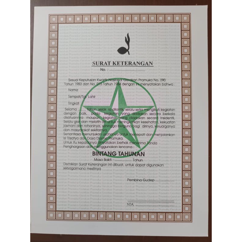 

Sertifikat pramuka Bintang tahunan (hijau)