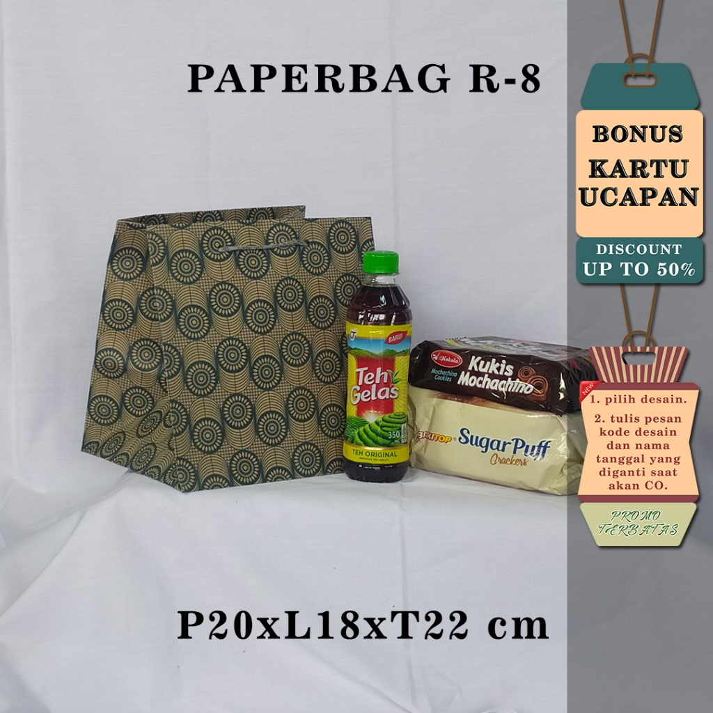 

PAPERBAG| TAS KERTAS| TAS HAJATAN| BONUS KARTU UCAPAN| UK R-8 MOTIF 1 WARNA UK P20 X L18 X T22 CM