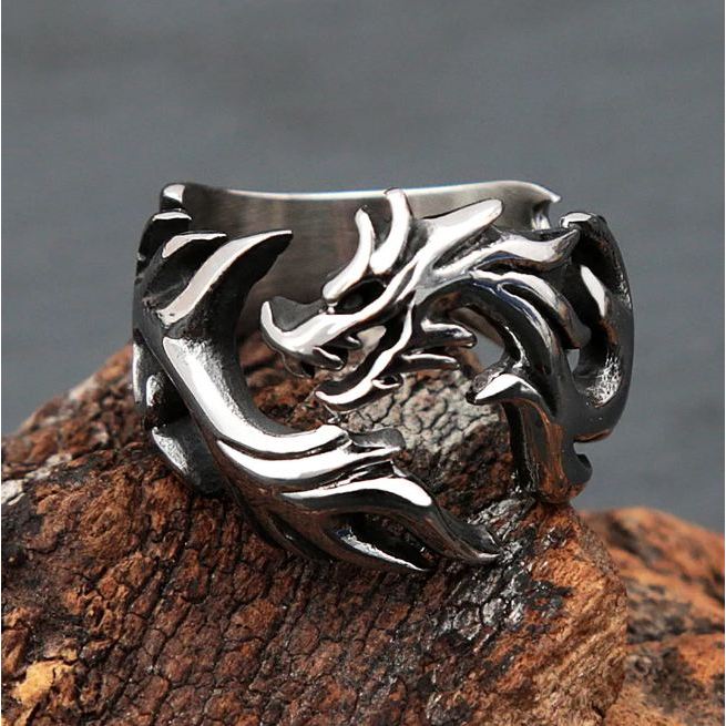 Cincin Pria Naga Api Stainless Steel - Silver Fire Dragon Mens Ring Biker Rocker Resizable Adjustabl