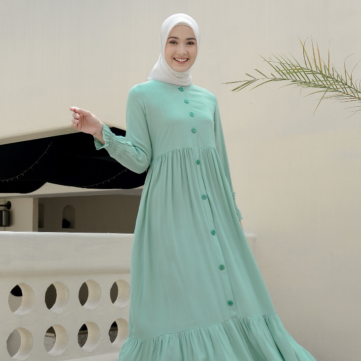 Gamis Senjakala Dress Fashion Muslim Bahan Katun Rayon Bisa untuk Menyusui Warna Hijau Mint