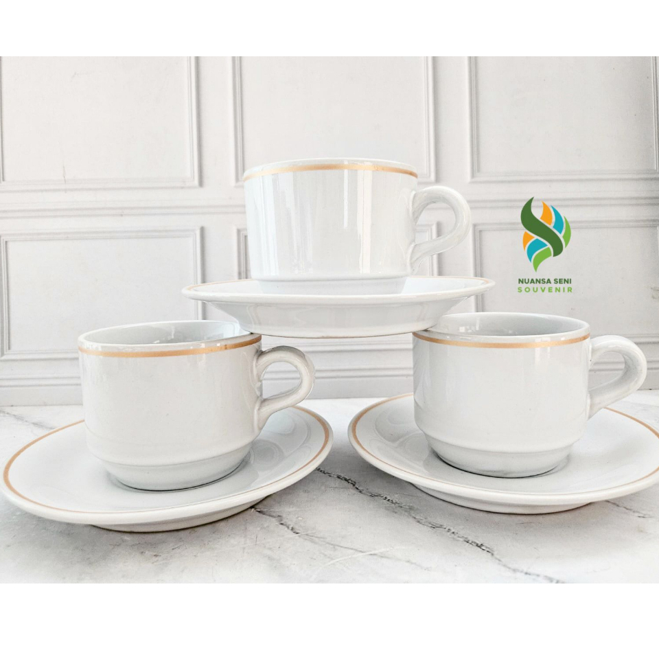 Souvenir Gelas Cup Saucer Cangkir Kopi Keramik Set Tatakan Piring Motif Bening Polos