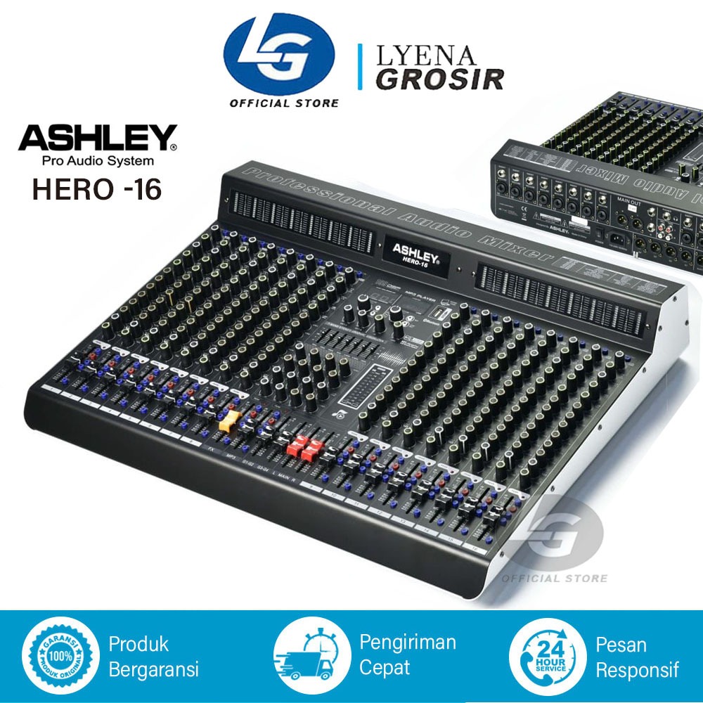 MIXER ASHLEY HERO 16 ORIGINAL MIKSER AUDIO 16 CHANEL 7 AUX 4 SUB GRUB BONUS PACKING KAYU