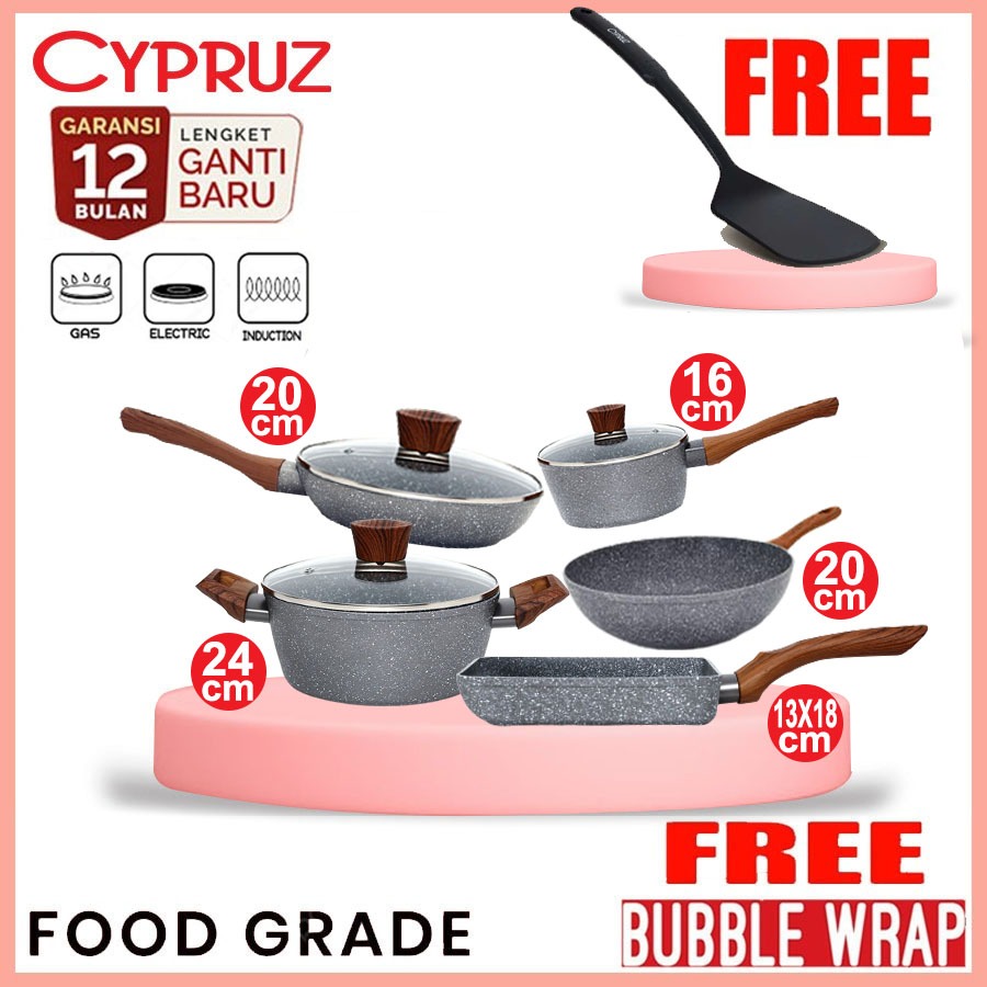 CypruS Cookware Set Fry Wok Sauce Pan Induksi Teflon CypruZ Marble 5 Pcs Panci Wajan Non Stick