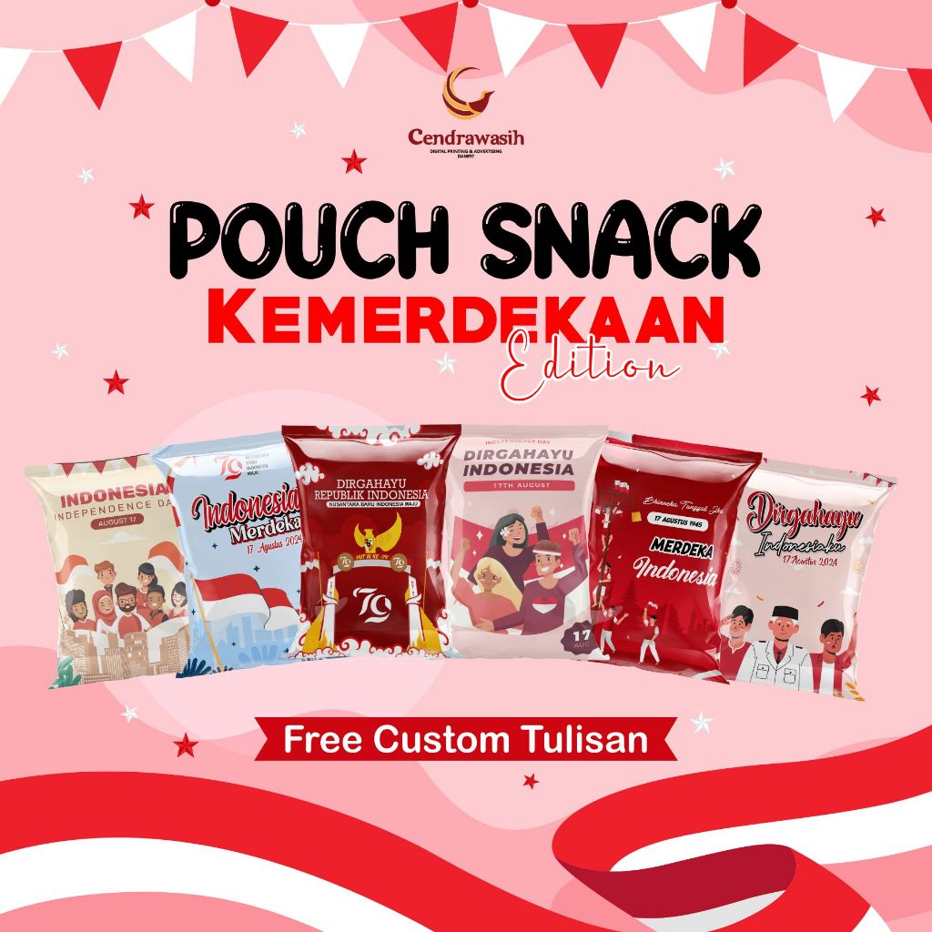 

GOODIE BAG CUSTOM / Kantong Snack Lebaran Karakter / Bungkus Snack Jumbo / Snack Pouch / Plastik Snack Karakter / Goodie Bag /Souvenir Bingkisan Lebaran / Hampers Lebaran (Kemerdekaan Edition Cendrawasih Printing)