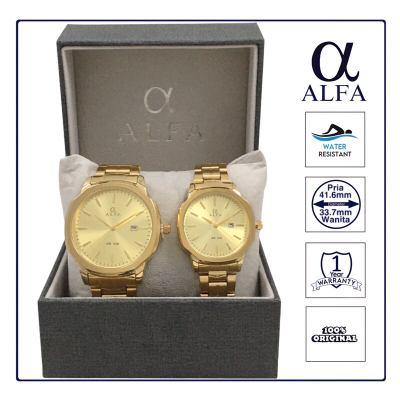 ALFA Jam Tangan Couple Tahan Air warna Gold 88804 Original