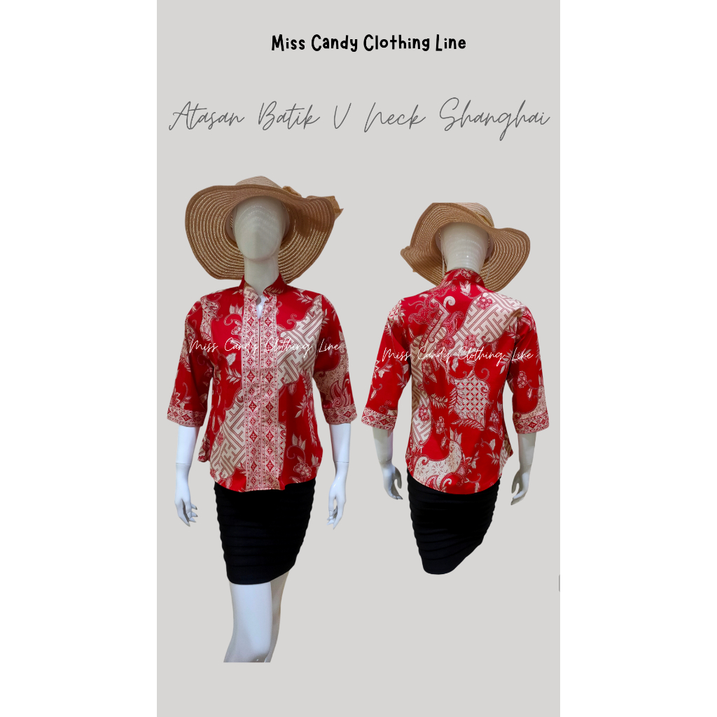 Atasan Batik Wanita Modern Merah Krah Shanghai  V Neck Lengan 7/8