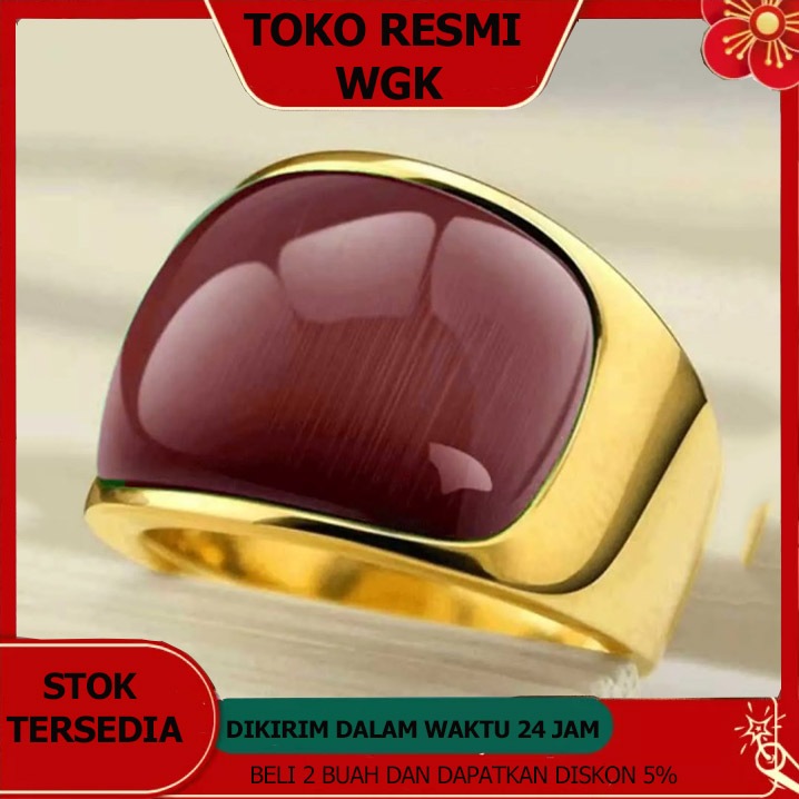 Cincin Warna Emas Pria Cincin Punk untuk Pria Baja Tahan Karat Antik dengan Batu Mata Kucing Merah C