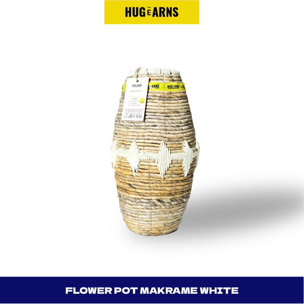 HUGeARNS - Pot Bunga Makrame Putih Anyaman / Guci Anyaman Pelepah Pisang / Vas Bunga Pelepah Pisang 