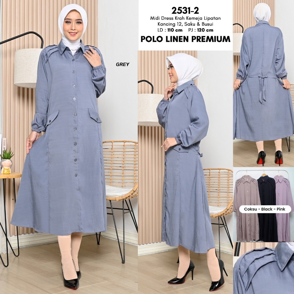 [ DENOVASTYLE ] Midi dress linen premium adem lembut /Midi dress kerah kemeja kancing 12 ada saku