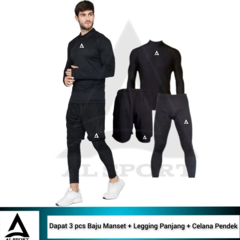 Full set Olahraga Pria Baju Manset Celana Pendek Legging Panjang