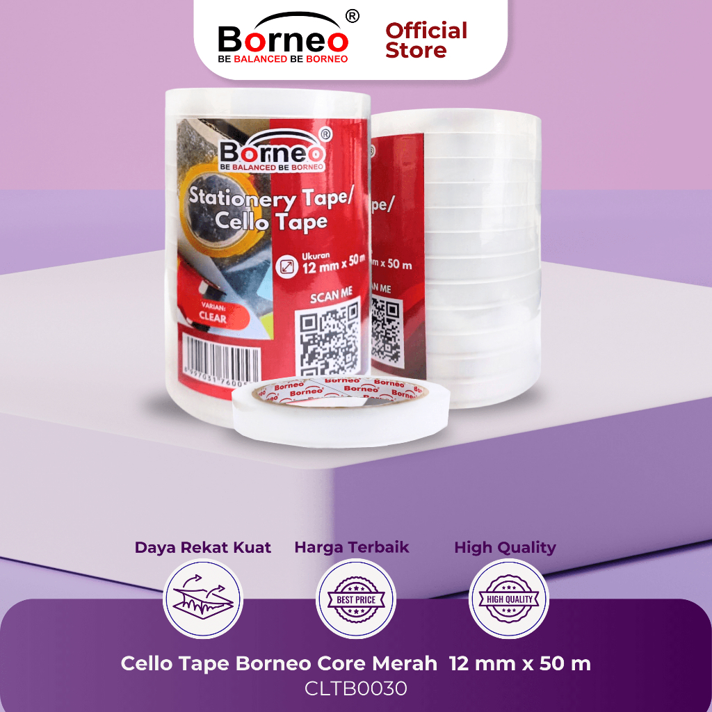 

12 ROLL - Borneo Isolasi Selotip Solatip Tanggung 1/4 Inch 12 mm x 50 m Murah dan Bening