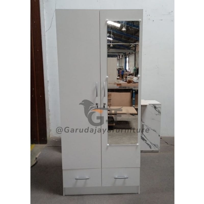 LEMARI PAKAIAN 2 PINTU PUTIH PAKAI LACI / LEMARI BAJU ANAK KOST