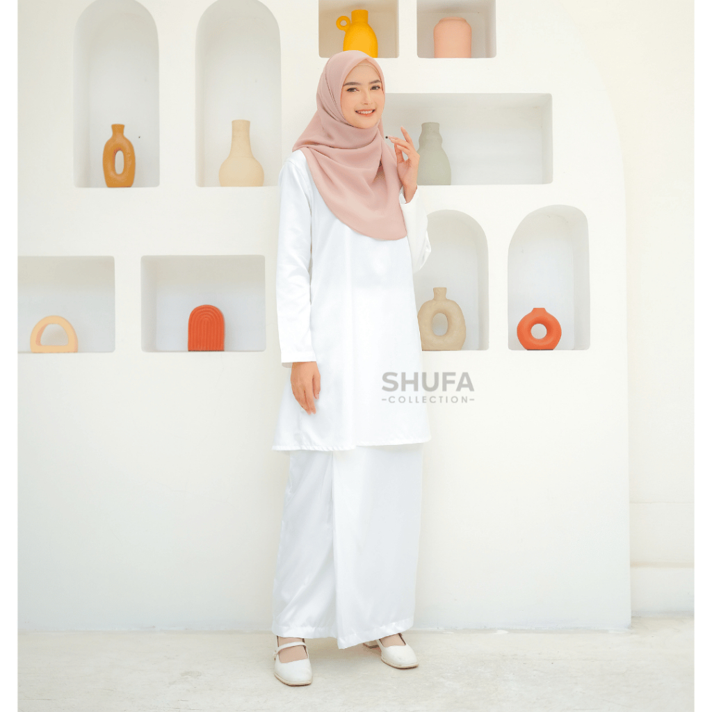Baju Setelan Kurung Melayu Wanita Modern Adat Malaysia Perempuan Putih Tulang