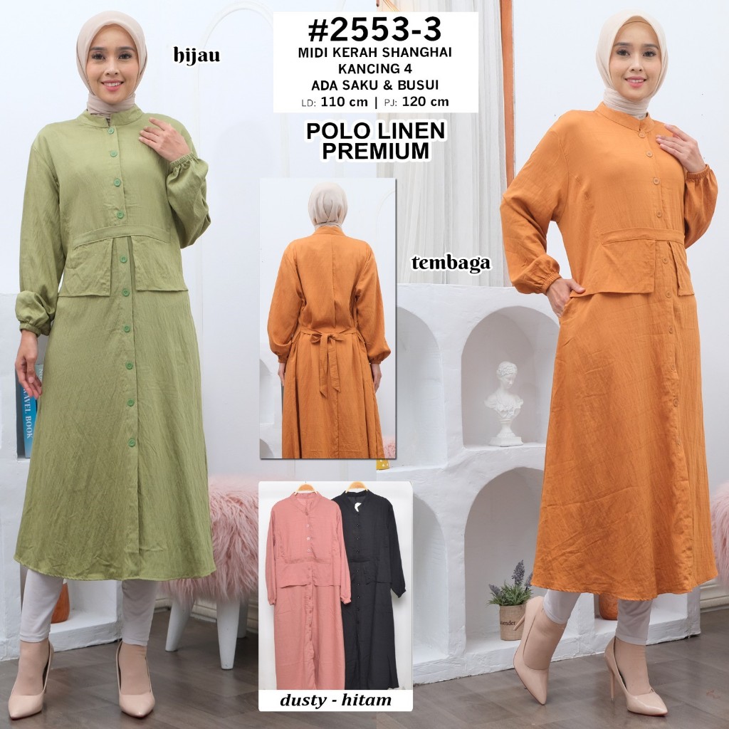 [ DENOVASTYLE ] Midi Dress Linen Kancing 4 Aktif Ada Saku Premium Terbaru