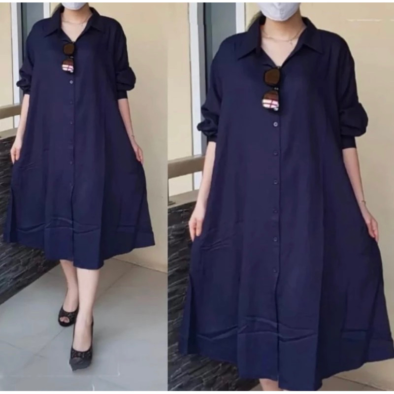 Dress kancing Depan hidup//Dress tunik Nidia full kancing premium/Tunik polos Leher kerah kekinian