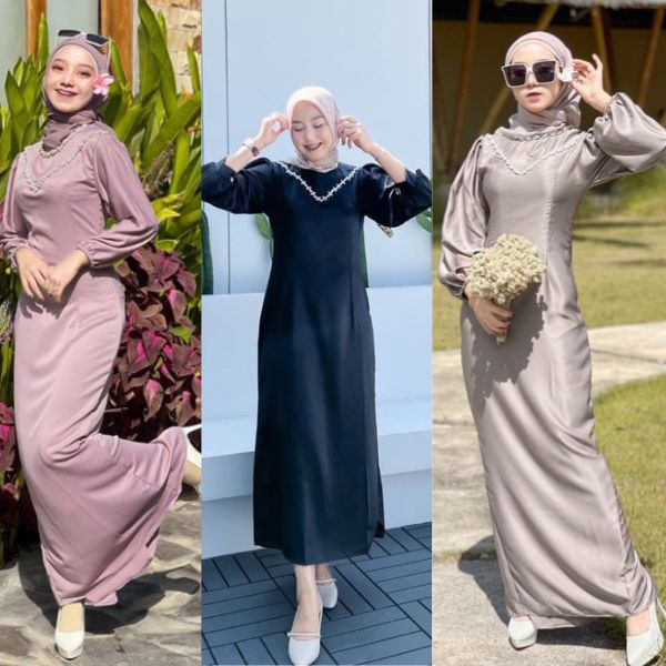 [ READY STOK ] CALENDULA DRESS SATIN SILK PREMIUM PAYET MUTIARA GAMIS PESTA SERAGAM  SIMPEL MEWAH