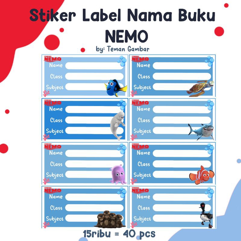 

40 Stiker Label Nama Nemo | Stiker Nama Buku | Sticker Nama | Sticker Label Nama | Sticker Nemo