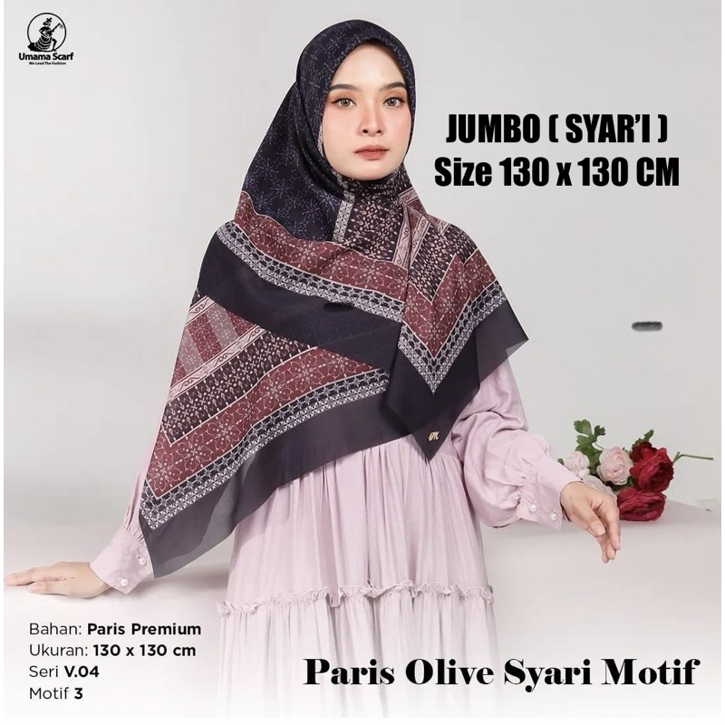 UMAMA HIJAB JUMBO SYARI’I 130x130CM MOTIF PARIS OLIVE LOGO METAL KERUDUNG SEGI EMPAT PREMIUM NAGIH H