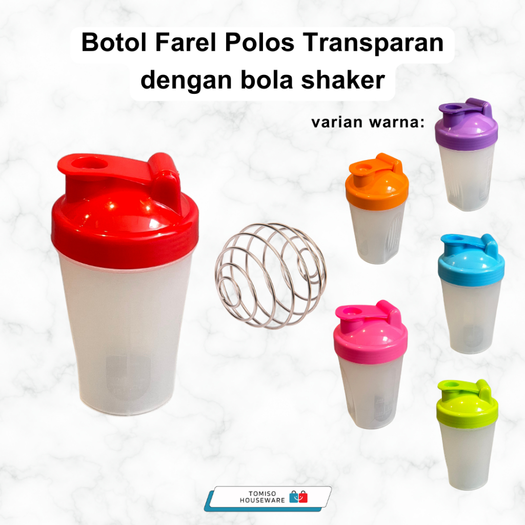 SET 2 in 1 Botol Farel + Bola Shaker Bening Polos Tutup Warna 400ml 6 Warna | Botol Minum + Bola Mix