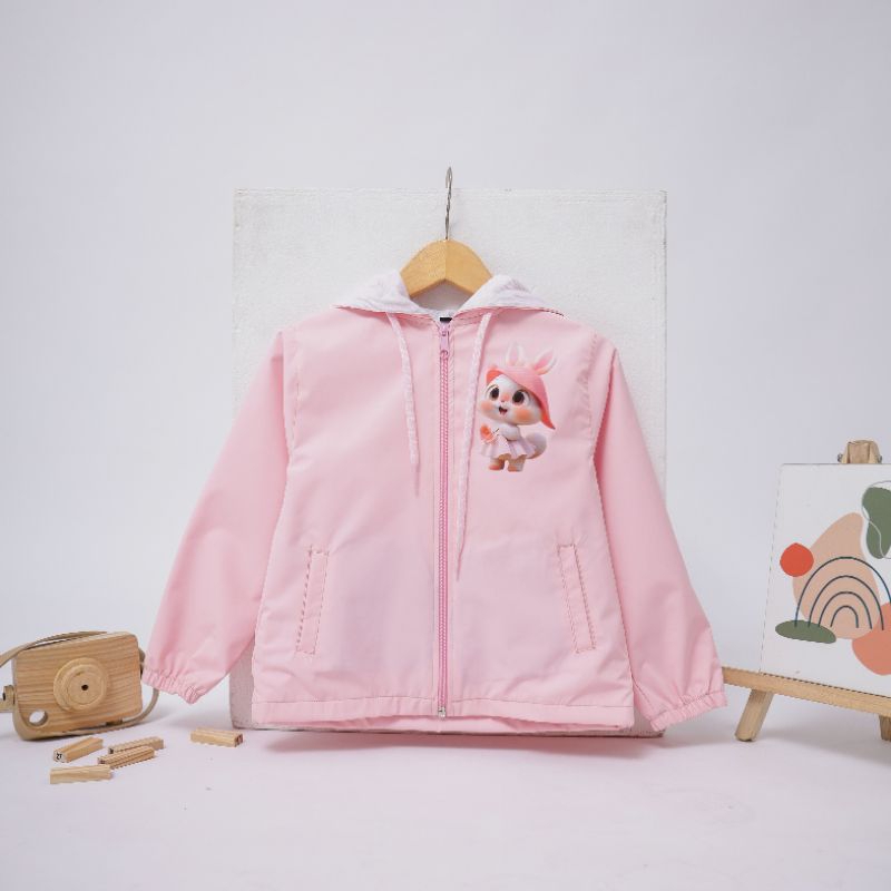JAKET ANAK PEREMPUAN PARASUT KARAKTER LUCU WARNA PINK / HOODIE 1-6 TAHUN  HANGAT TAHAN ANGINANTI AIR