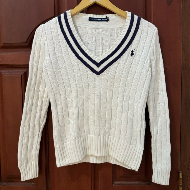 Polo Ralph Lauren Sport Sweater Cable Kepang Academia White Preloved