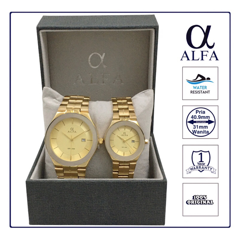 ALFA Jam Tangan Couple Tahan Air warna Gold 88805 Original