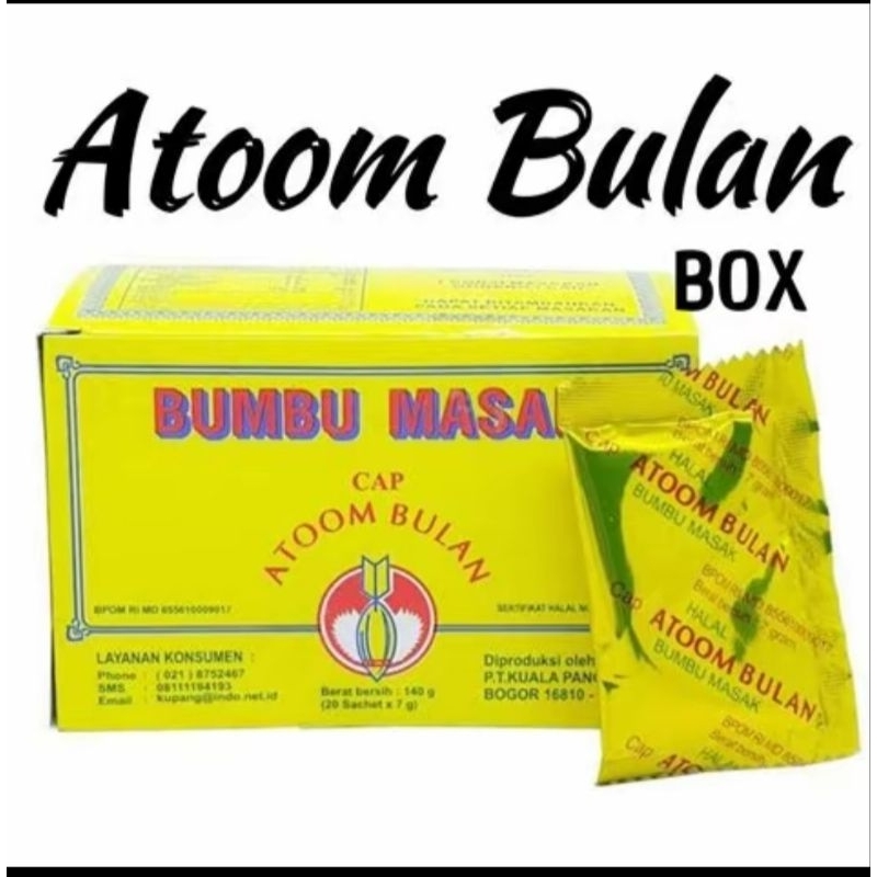 

ATOOM BULAN. bumbu penyedap rasa 1box isi 20