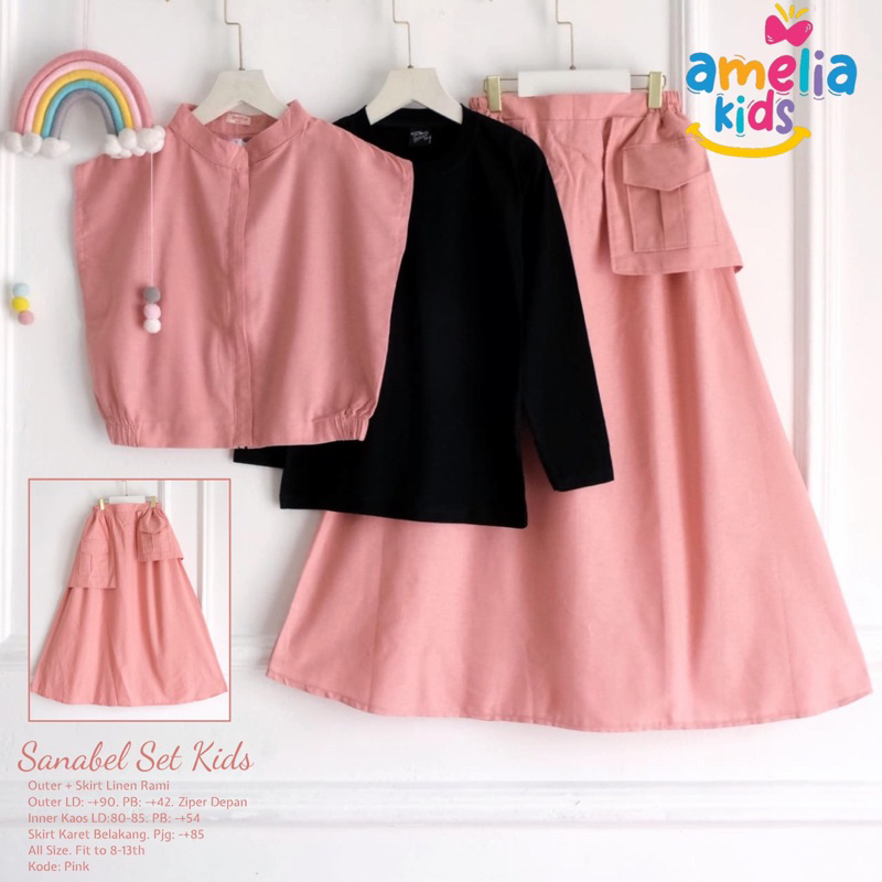 [[ New Arrival ]] Setelan Kaos dan Rok Cargo Anak Sanabel Set Kids By Amelia Setrok Anak Linen Rami 