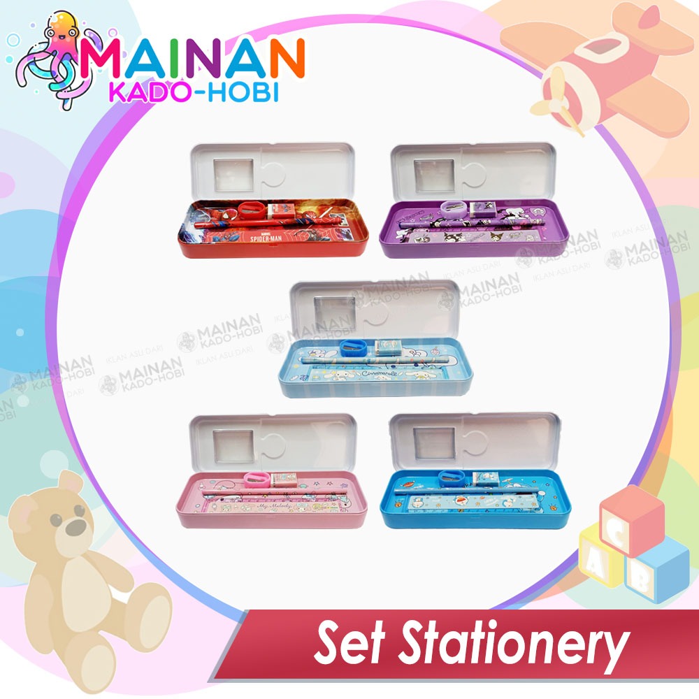 

SET 5 IN 1 ALAT TULIS KOTAK PENSIL KALENG PENSIL PENGGARIS SERUTAN KARAKTER KUROMI DORAEMON SPIDERMAN MELODY