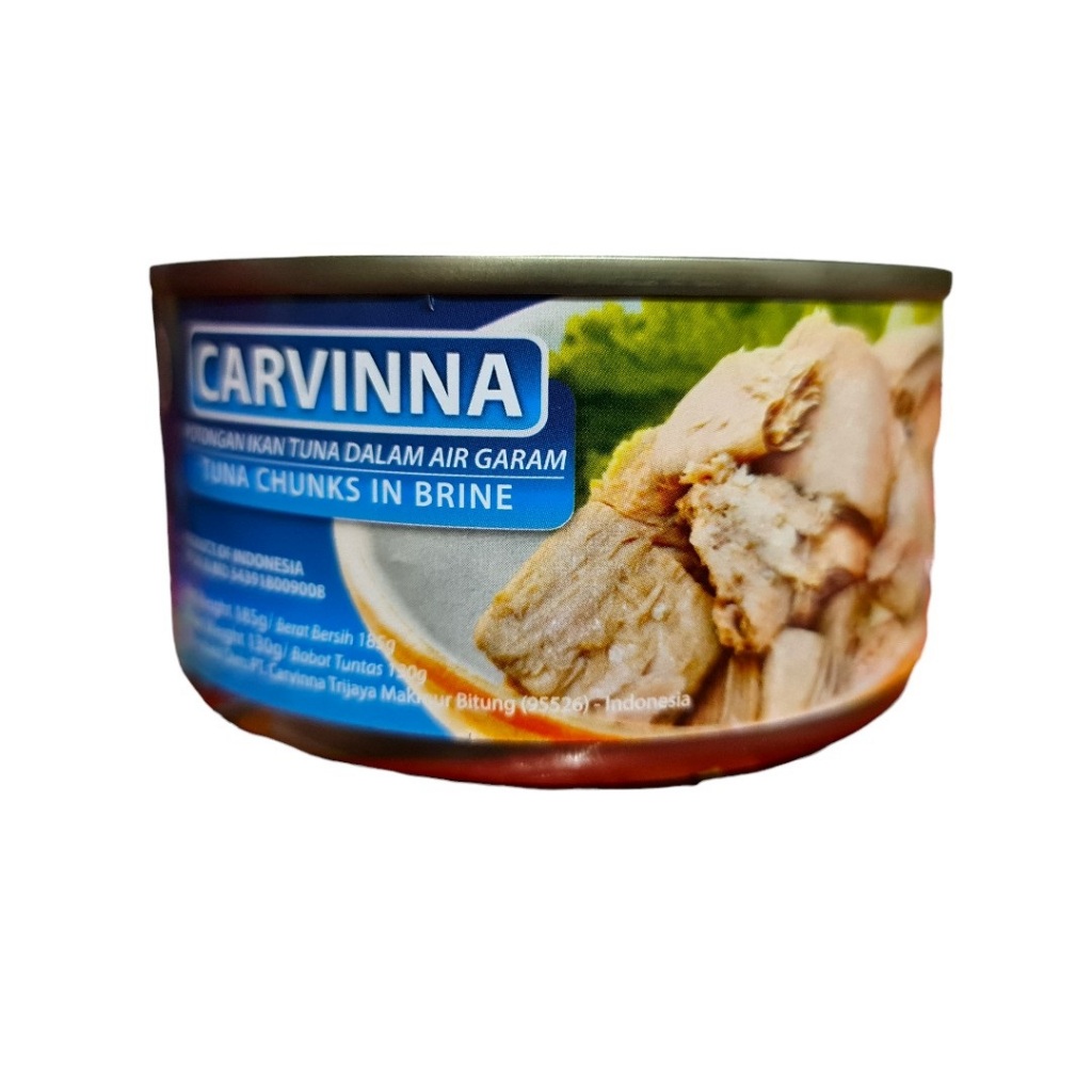 

Ikan tuna kaleng dalam air garam minyak halal Carvinna 185 Gram 185gram / Tuna Chunk in Brine