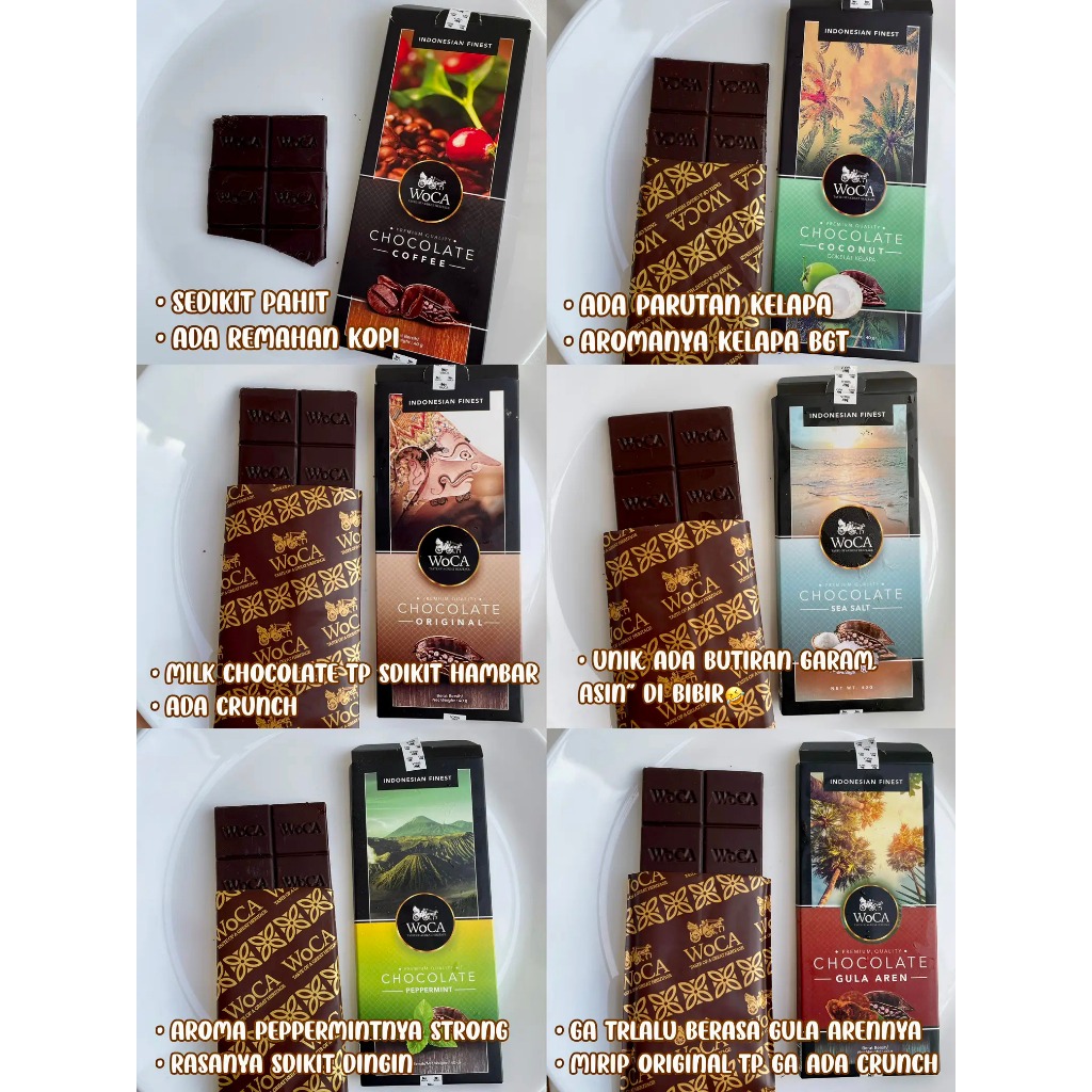 

Camilan Coklat / Chocolate Woca Indonesia 90 Gr Original, Sea Salt, Gula Aren, Peppermint, Coffee, Coconut