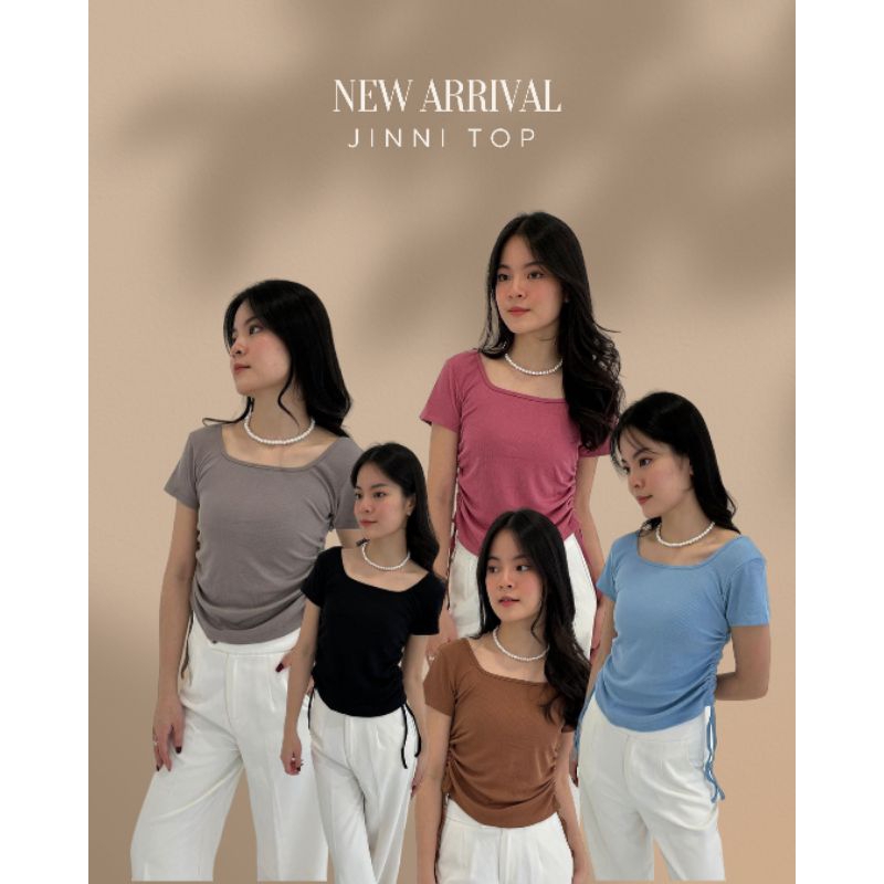 Jinni top/atasan rib lengan pendek kerut samping