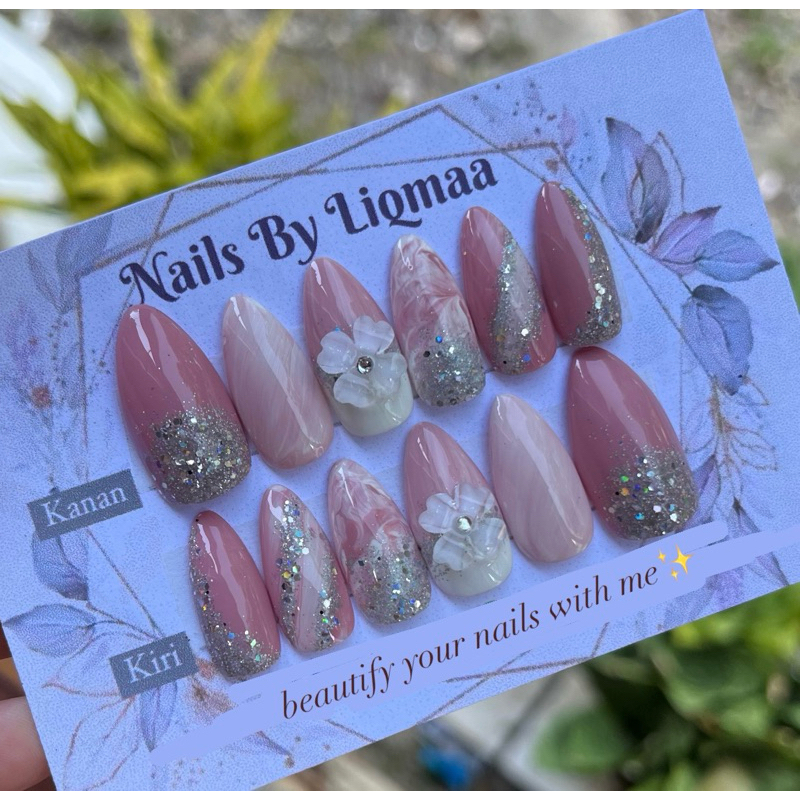 PINK KOMBI BUNGA RUNCING/ KUKU PALSU / NAIL ART / KUKU PALSU WEDDING / NAIL ART WEDDING