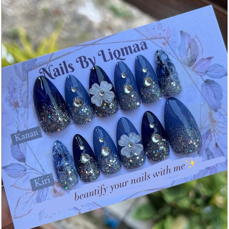 NAVY DENIM BUNGA RUNCING / KUKU PALSU / NAIL ART / KUKU PALSU WEDDING / NAIL ART WEDDING