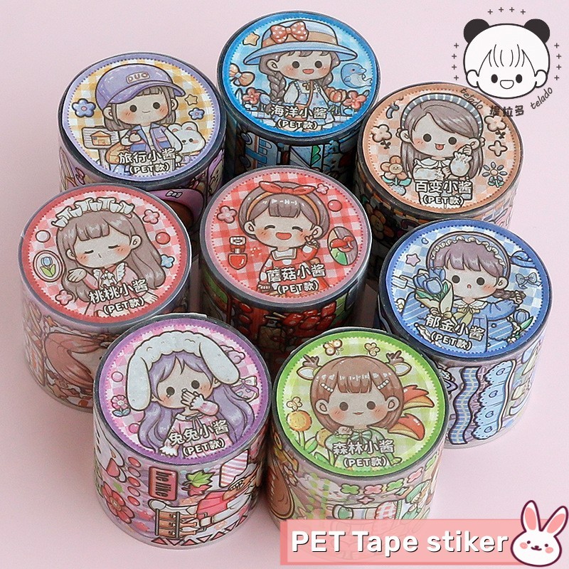 

PET Tape stiker aesthetic Masking tape sticker PVC bening karakter kartun anti air lucu Waterproof untuk dekorasi handbook diary scrapbook DIY