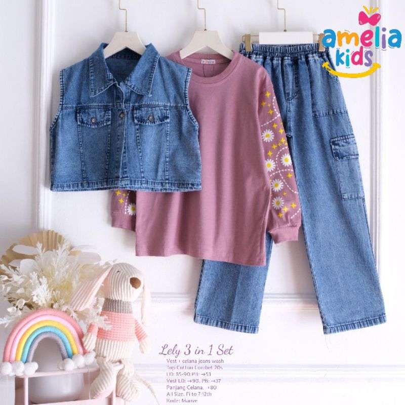 setelan jeans anak perempuan 7-12 tahun matt katun mix jeans original by Amelia kids | alista lely d
