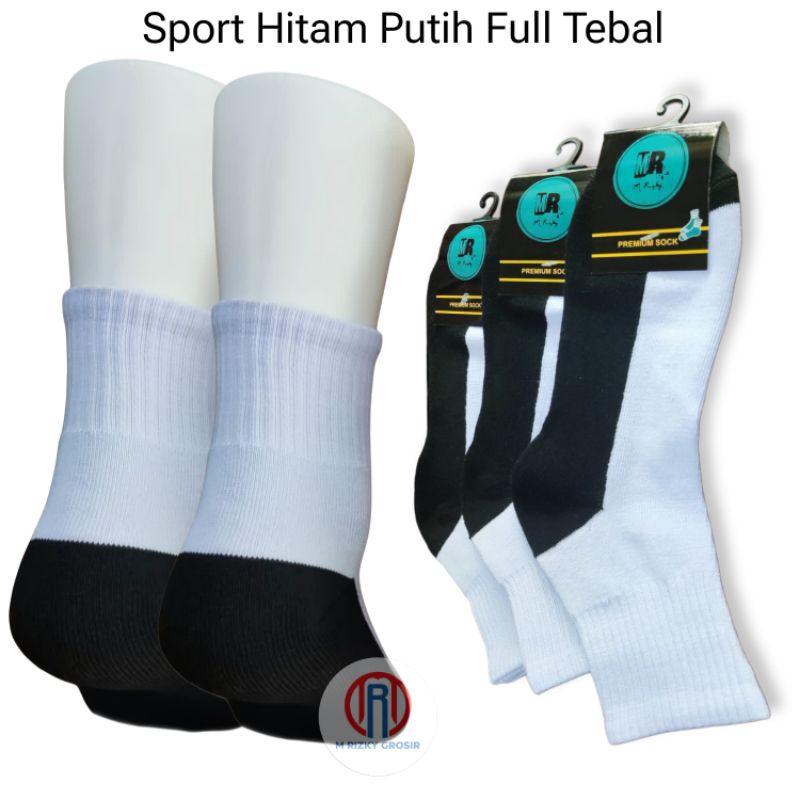 Kaos Kaki Sport Full Tebal Hitam Putih/Kaos kaki Olahraga/Kaos Kaki dewasa Tebal.Hp Terry 3/4