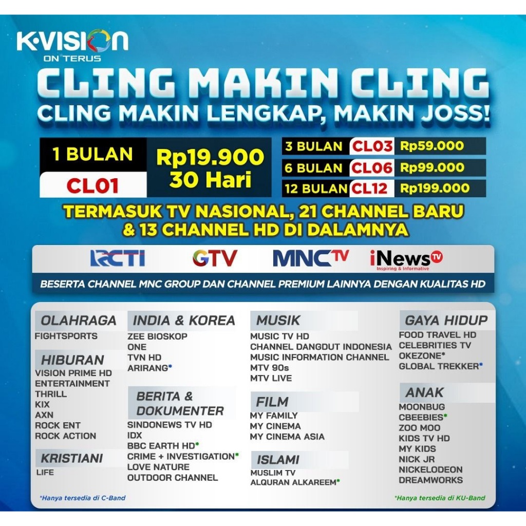 Dekoder Receiver K vision Paket Cling 1 Bulan, 3 Bulan, 6 Bulan MNC Grup