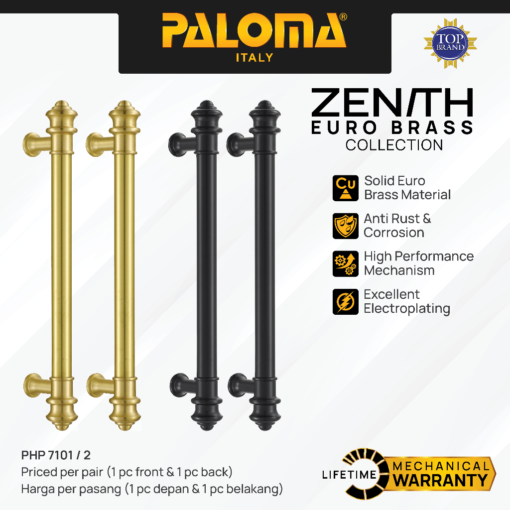 PALOMA Gagang Tarikan Pintu Door Pull Handle Euro Brass Kuningan Zenith Vienna Emas Gold Hitam Black