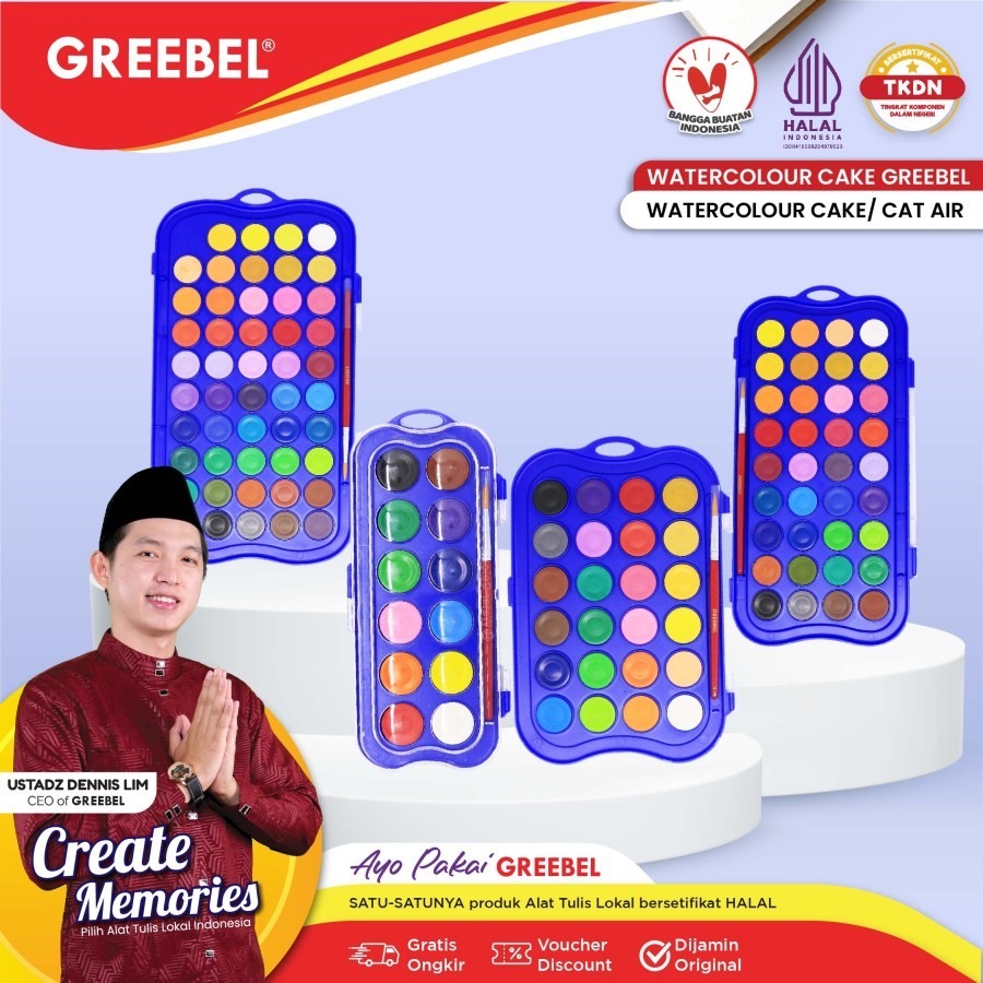 

GREEBEL Watercolor Cake / Cat air padat 12 24 36 48 Warna kemasan kotak free kuas