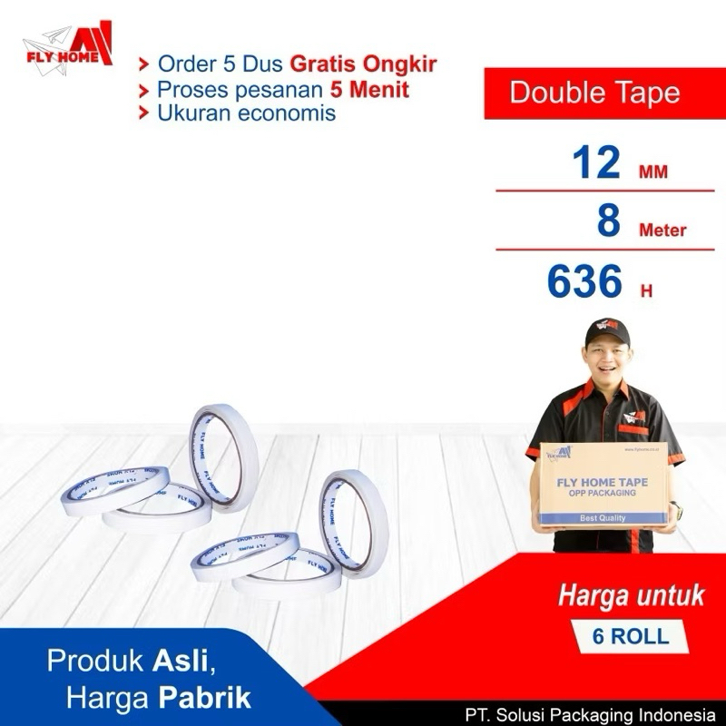 

READY FLYHOME Double tape 12mm x 8meter 1 roll hotmel ukuran full